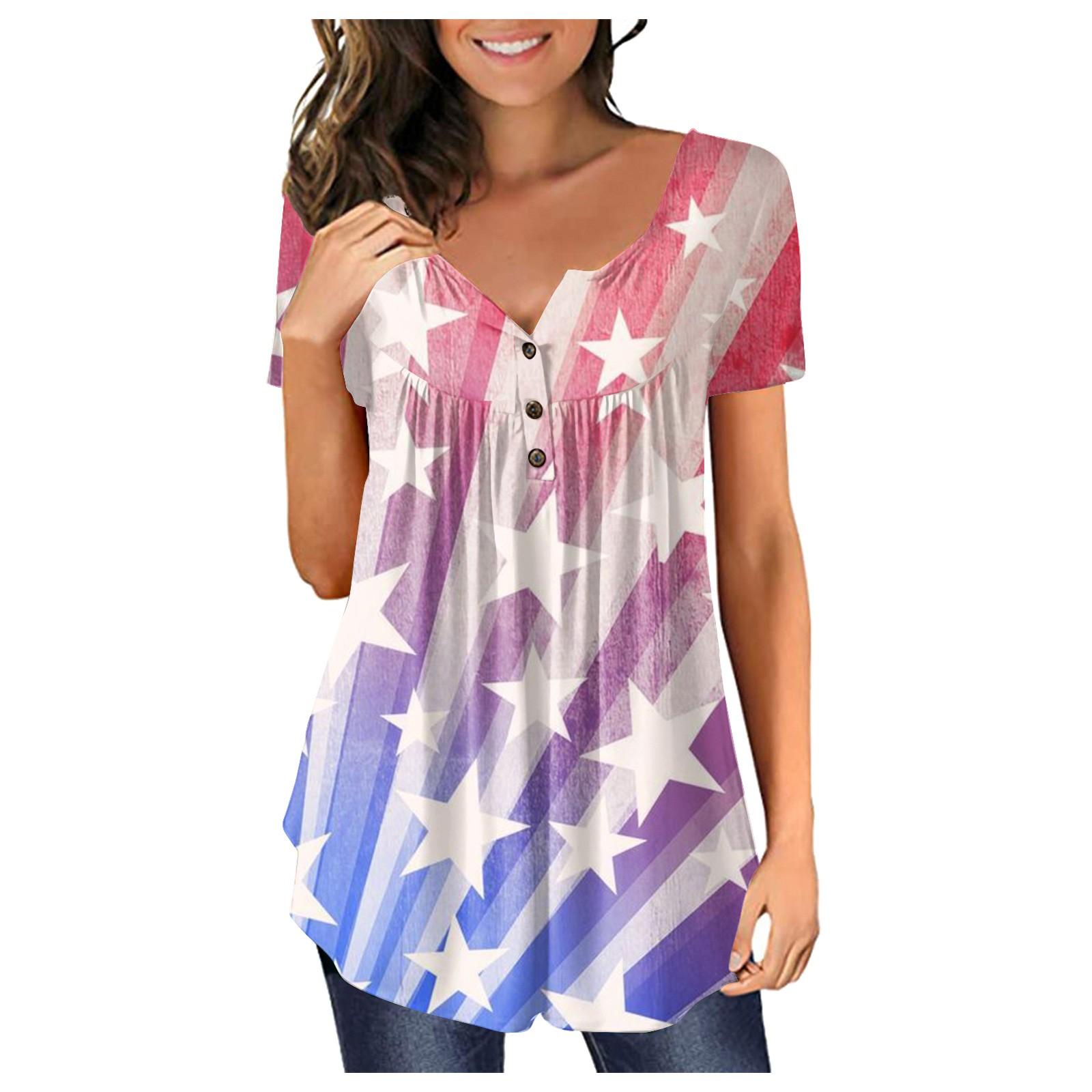 

(SU)Модный женский осенне-зимний повседневный топ с короткими рукавами и принтом ко Дню независимости с круглым вырезом и принтом