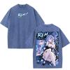 Rem Re:Zero Anime Retro T Shirt Fashion Manga Vintage Washed Streetwear Harajuku Oversized 100% Cotton T-shirt Men Women Tee Top
