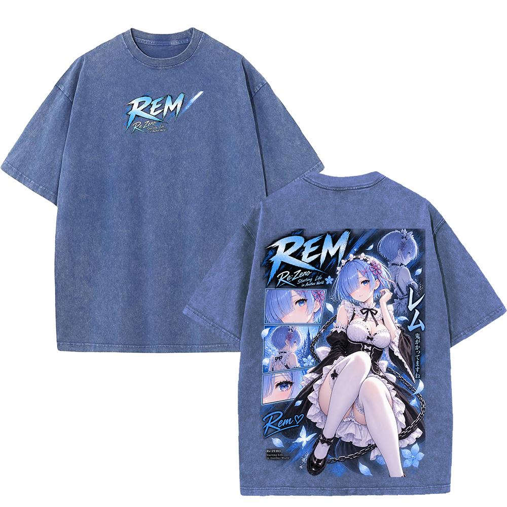 Rem Re:Zero Anime Retro T Shirt Fashion Manga Vintage Washed Streetwear Harajuku Oversized 100% Cotton T-shirt Men Women Tee Top