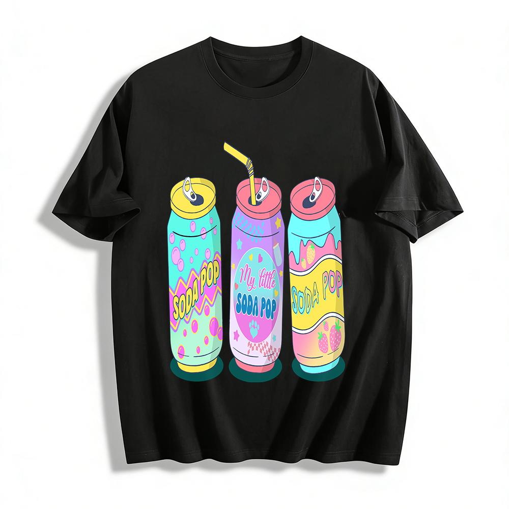 

Y2K Style Fun Soda Can Print Top Sweet Girl Style Casual Loose Crew Neck Short Sleeve T-Shirt Pure cotton T-shirt 6XL