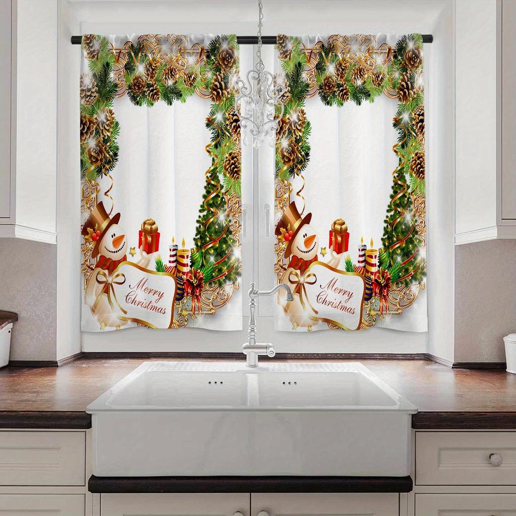2pcs Christmas Themed Window Drapes Festive Tree Ribbons Lights Gifts Print Semi-Sheer Woven for Kitchen Living Room Bedroom