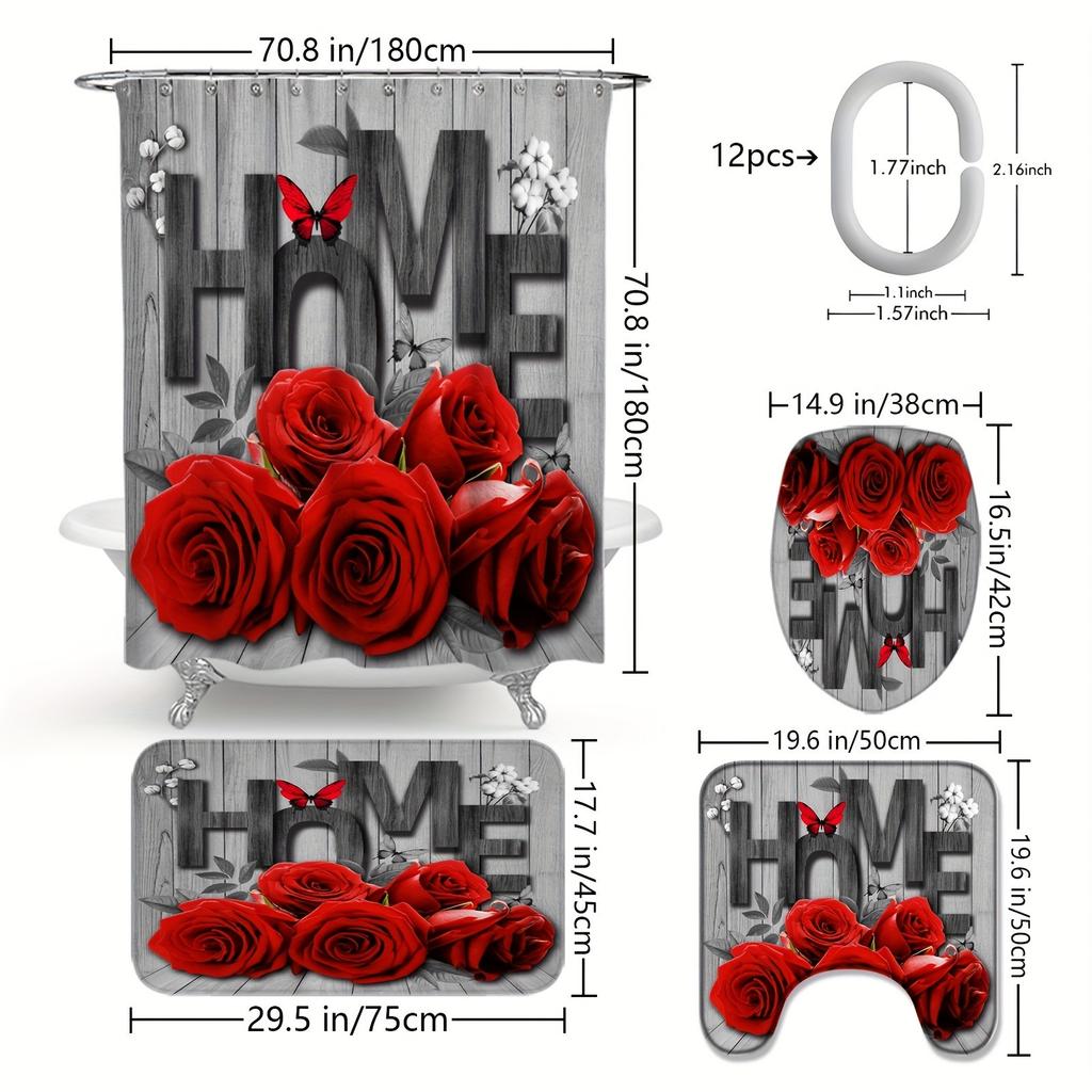 Valentine's Day Deluxe Wooden Rose Flower Bathroom Ensemble - Waterproof Shower Curtain Romance Gift for Lover Home Decoration