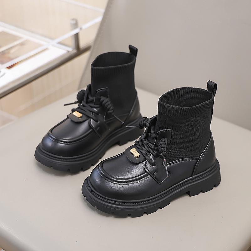 New Girls Socks Boots Black Beige Thick Bottom Kids Causal Fashion Boots Round-toe Patchwork Princess Children Shoes Non-slip