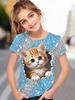 Kinderbekleidung Mädchen T-Shirt Kurzarm 3D Cartoon Katze Druck Kinder Sommerkleidung Mode Niedliche Mädchenkleidung Polyester Tops