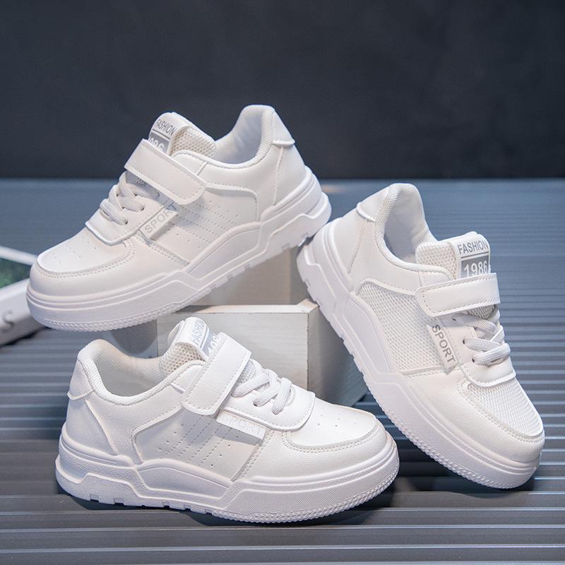 Children's White Soft Bottom Sports Board Shoes Student Casual Boys and Girls Leather Panel Shoes