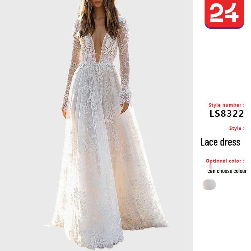 2024 Women's Wedding Dresses: Sexy Lace Long Sleeve Holiday & Evening Party Gowns