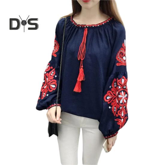 Summer Shirt Women Ethnic Style Embroidered Pattern Pullover Tops Round Neck Lantern Sleeve Loose Fit Blouse