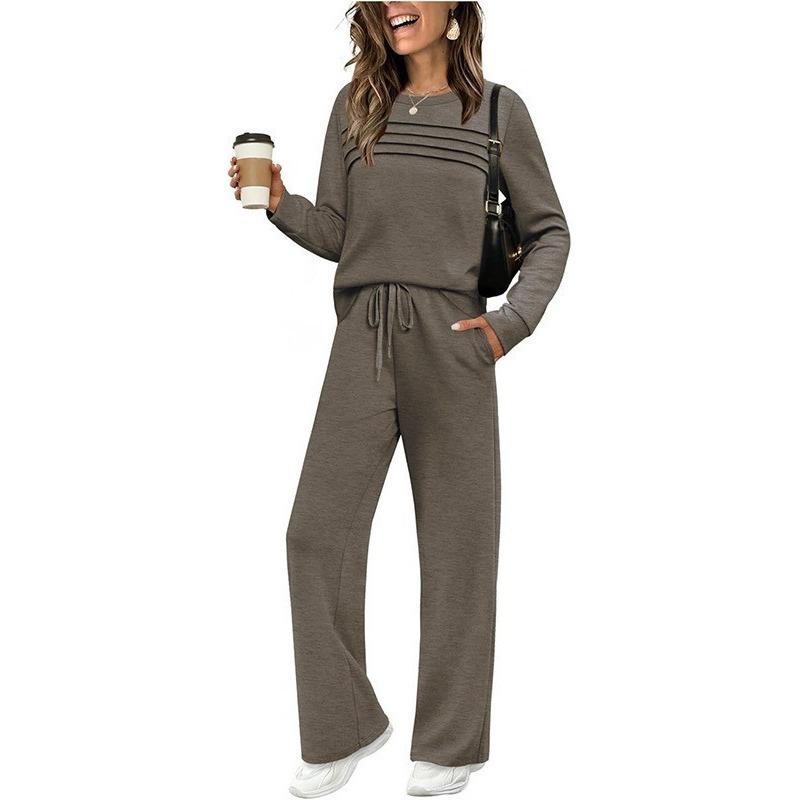 

VEZFAA Women s Fashion Casual Spring Autumn Solid Color Print Long Sleeve O-Neck Trousers Pants Suits XXXXXL темно-сірий