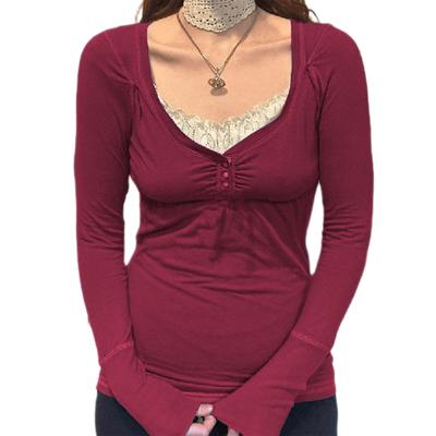 Women's Lace Trim T-Shirts Long Sleeves Button-up Slim Fit Ruched V-Neck Fall Tops
