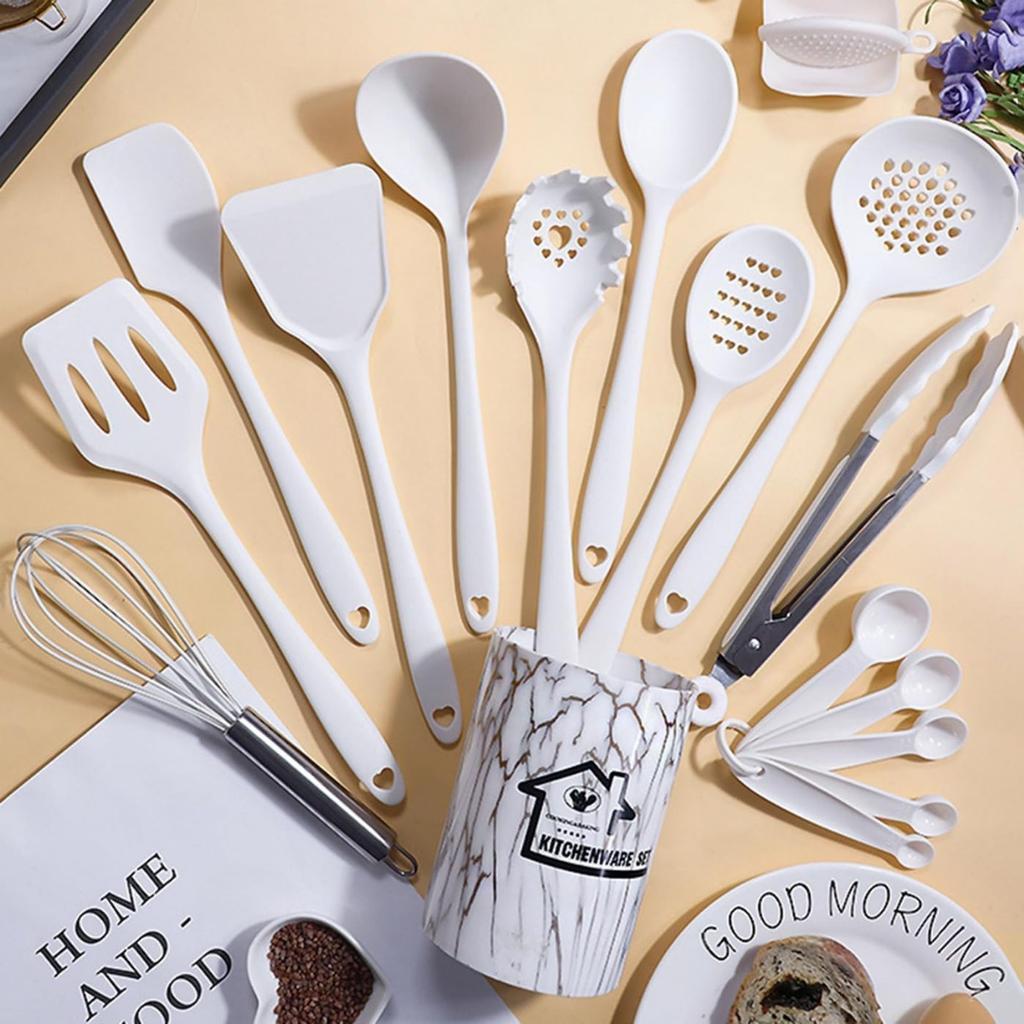 18pcs Silicone Kitchen Utensils Set with Holder Measuring Spoons Oven Mitts Nonstick Cooking Utensils Kitchen Gadgets