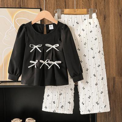 Girls' Casual Set for Autumn Children Sweet Bow Long-sleeved Top, Wide-leg Pants, Two-piece Set