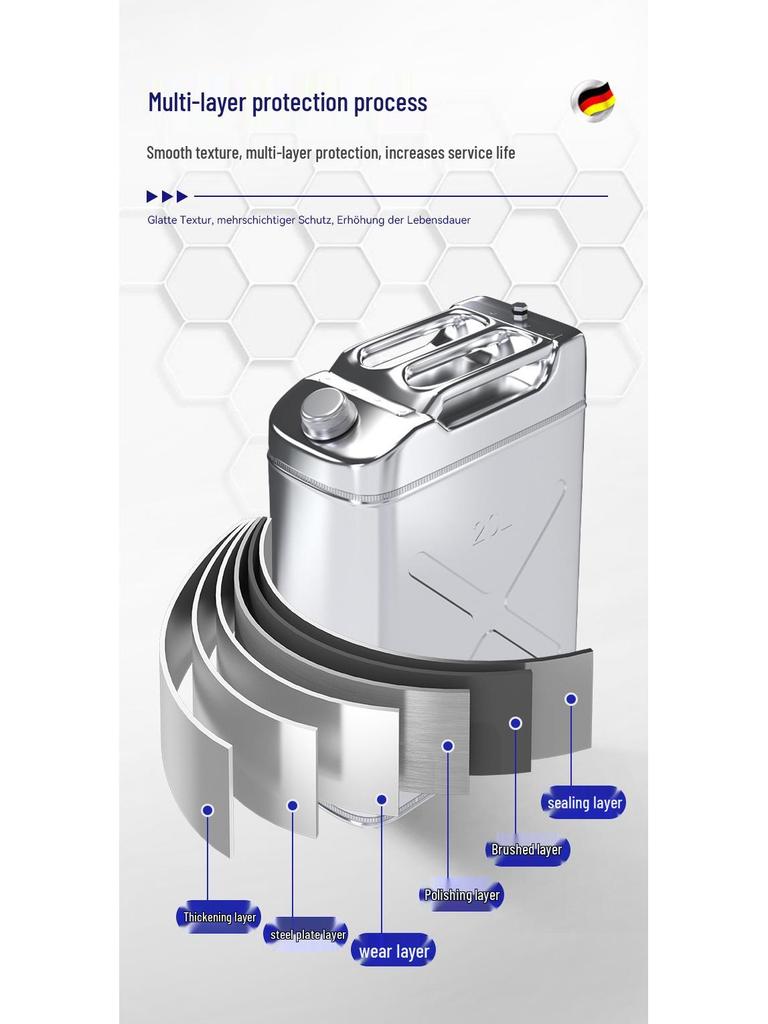 Stainless Steel Fuel Can - 304 Gasoline & Diesel, 10L/20L/30L, Thickened Portable Car Spare Tank
