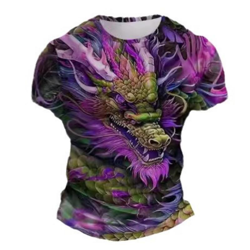 Summer Round Neck 3D Dragon Print Top Fashionable Casual Short Sleeved Men's T-shirts