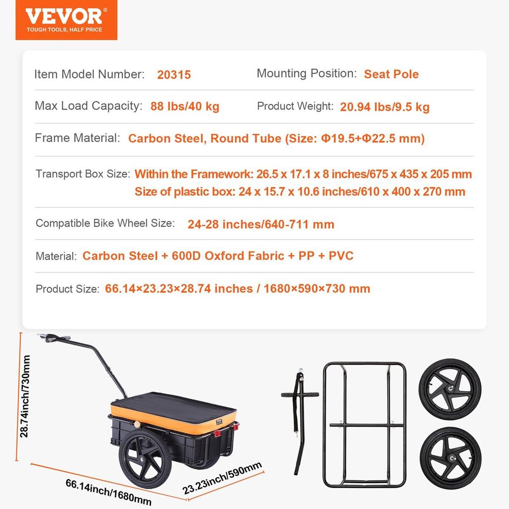 Bike Cargo Trailer, 88 Lbs Load Capacity, Heavy-Duty Bicycle Wagon Cart, Foldable Compact Storage with Universal Hitch, Waterproof Cover, 16" Wheels,