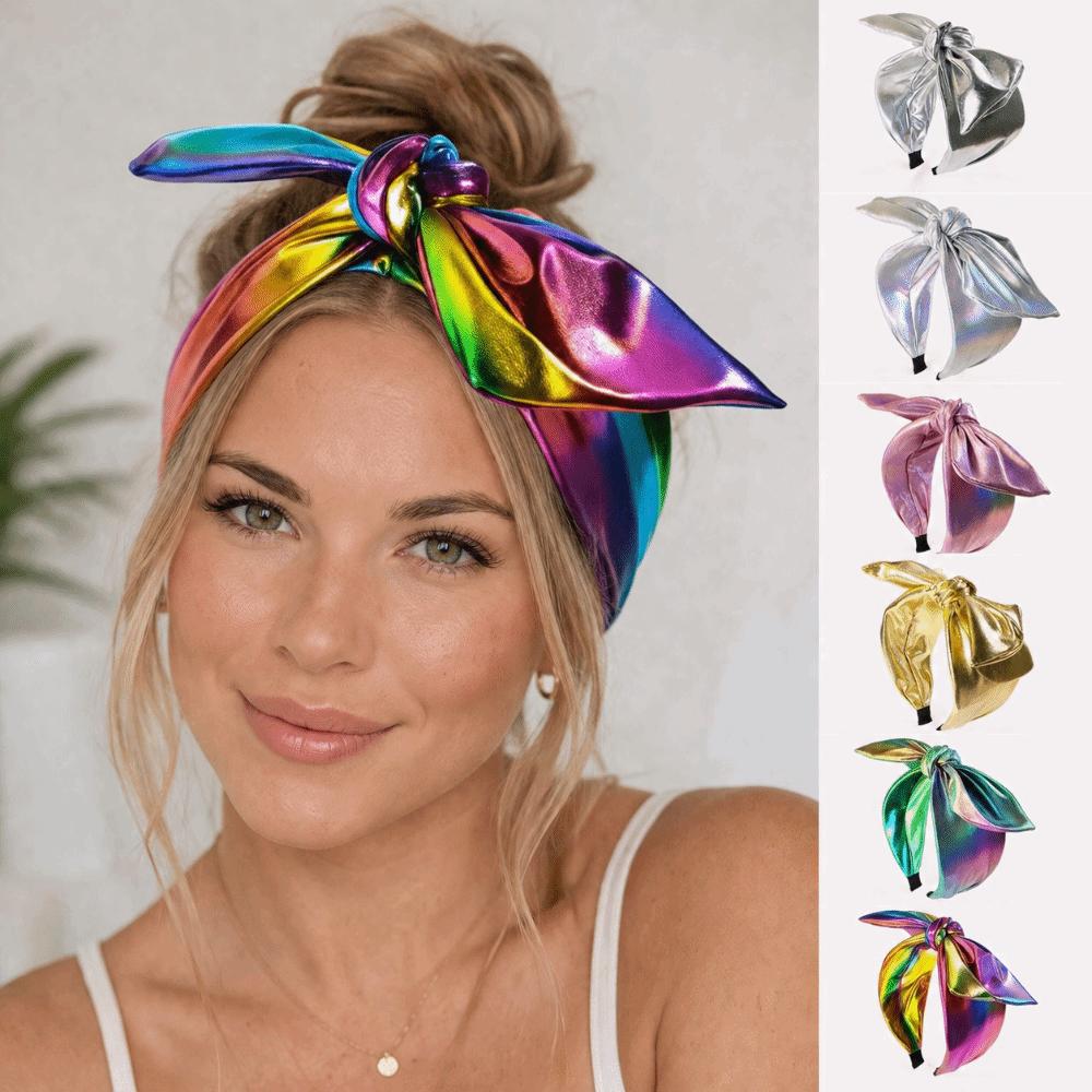 Metallic Wide Top Knot Hair Hoop Shiny Holographic Metallic Bow Headband Hair Accessory For Women