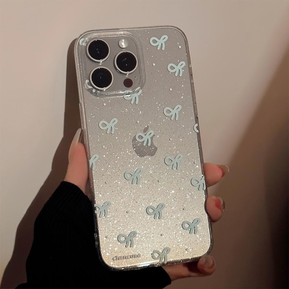 Temperament Glitter Pink Blue Bow Apple 14promax Mobile Phone Case 16 Suitable for Iphone15 Transparent 11 Soft