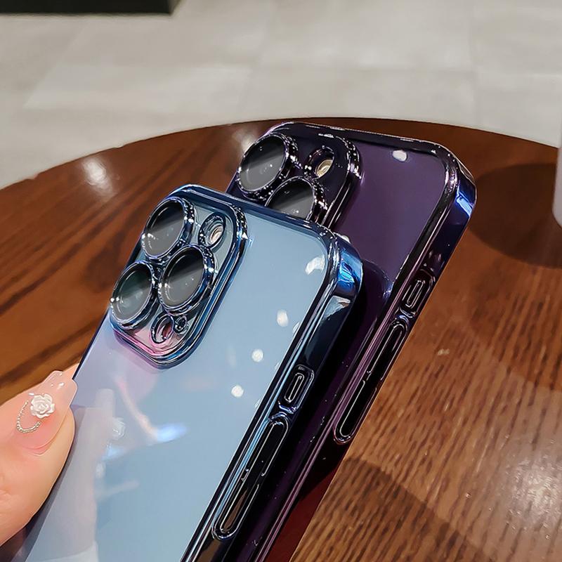Luxury Plating Clear Case For iPhone 15 13 12 11 14 Pro Max Mini X XR XS 7 8 14 15 Plus SE Cover With Lens Protector Accessories