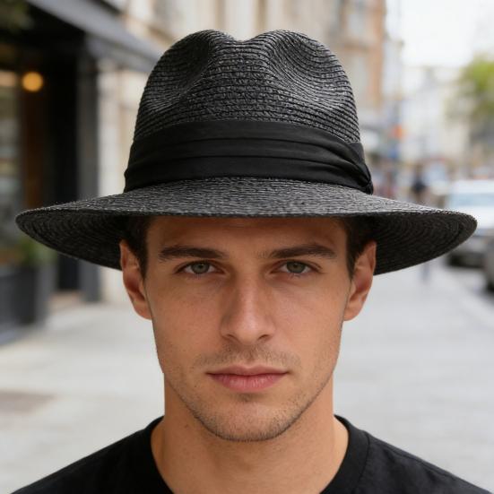 Panama Hat Women Men Wide Brim Straw Beach Hat Ribbon Decor Breathable Elastic Fit Summer Sun Hat Vacation Accessory