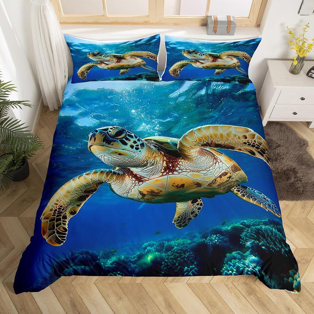 Sea Turtle Duvet Cover 3D Turtle Bedding Set Ocean Marine Theme Comforter Cover For Boys Girls Underwater Animal Pattern Bed Set