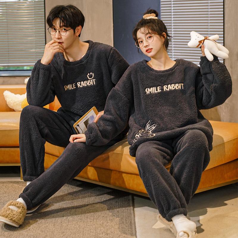 Couples' Cozy Flannel Pajama Set: Women's Plus Velvet, Men's Loose Fit, Warm Coral Fleece Homewear
