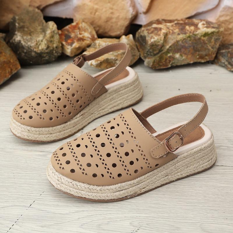 

Fashion Baotou Sandals Summer New Round Toe Middle Buckle Cutout Breathable One Strap Platform Non-slip Straw Sole Flats 42
