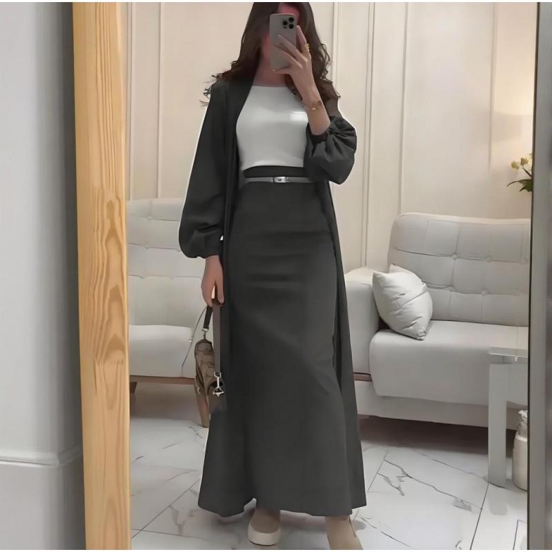 2026 Spring European & American V-neck Long Sleeve Casual Fashion Long Skirt Two-piece Set