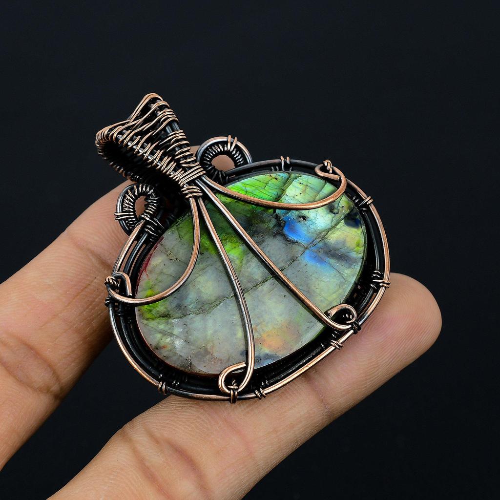 Tri Color Labradorite Pendant Gemstone Handmade Jewelry, 999 Copper Wire Wrapped Pendant, Gift For Wife Jewelry
