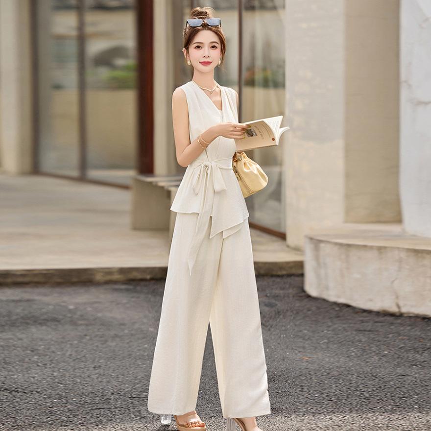 Royal sister Fan sleeveless vest fashion suit women's summer new age-reducing linen wide-leg pants two-piece set
