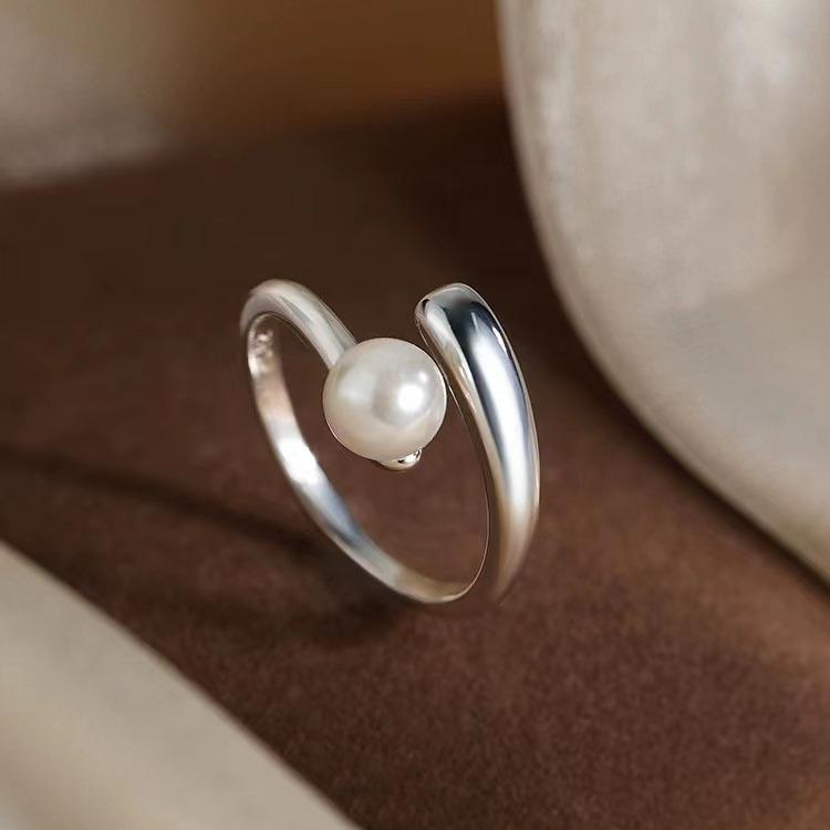 925 Sølvbelagt Perle Åpen Ring - Elegant Luksus for Kvinner