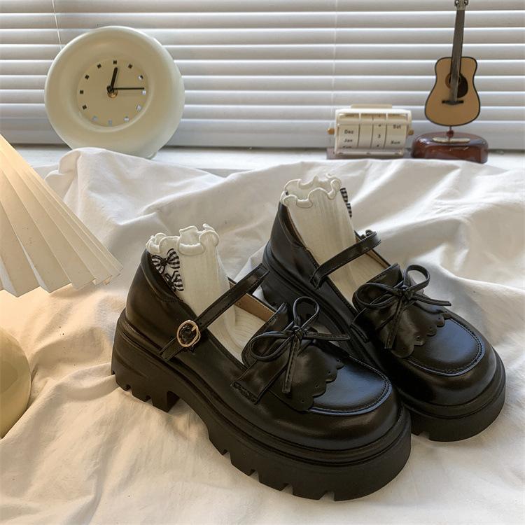 Fashion Retro Thick Soled Women's Shoes 2025 Spring and Autumn New Uniform Bow Leather Pumps Loafers Shoes Cute Student Single Shoes