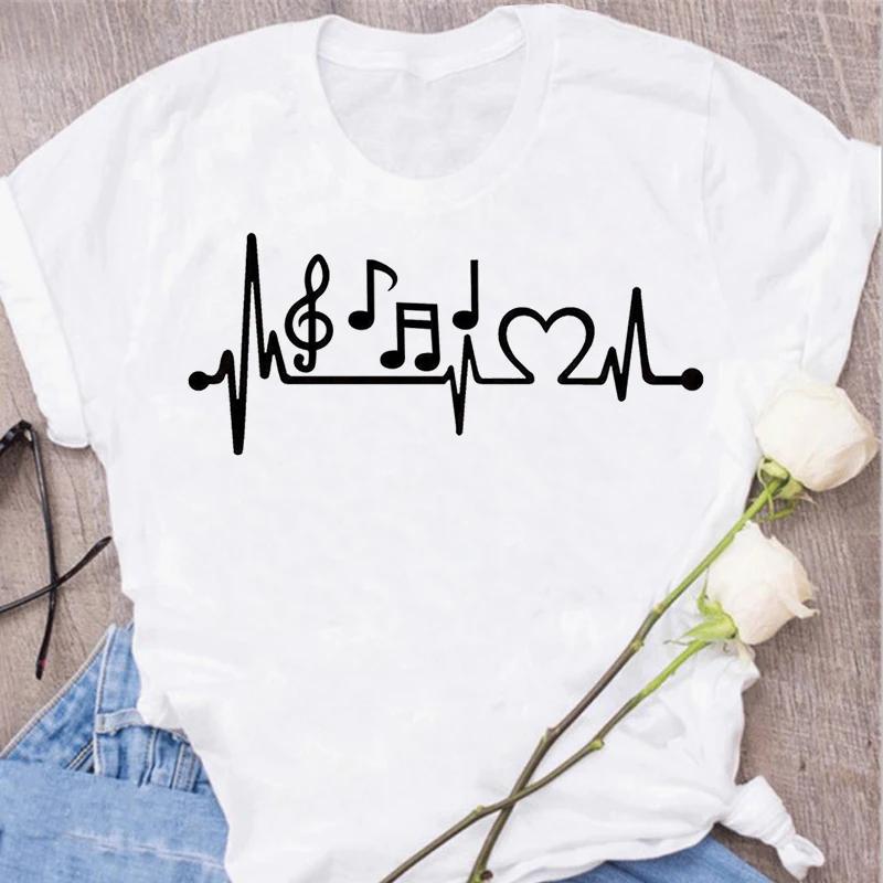 Nové Harajuku Funny Music Note Art Tričko Móda Ženy Tričko Hudební topy Krátké rukávy Černé Tričko Dámské Neformální Trička Top