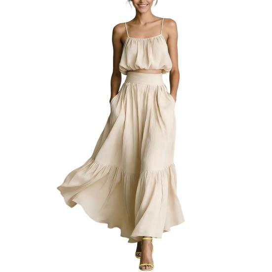 Summer 2 Piece Skirt Set for Women, Sleeveless Spaghetti Strap Top And High Waist Ruffle Skirt Vacation Travel XXXL