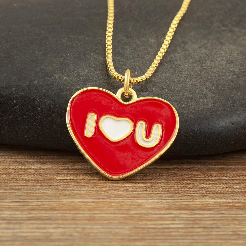Nidin Simple Fashion Hope/I Love U Charm Pendant Necklace For Women Men Couples Heart Enamel Drip Oil Clavicle Chain Jewelry