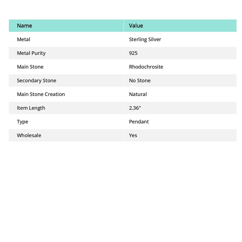 Rhodochrosite Gemstone Handmade 925 Sterling Silver Jewelry Pendant 2.36" K1B43