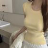 Yellow Round Neck Knitted T-shirt with Summer Temperament Slim Fit Front Shoulder Base Versatile and Simple Top