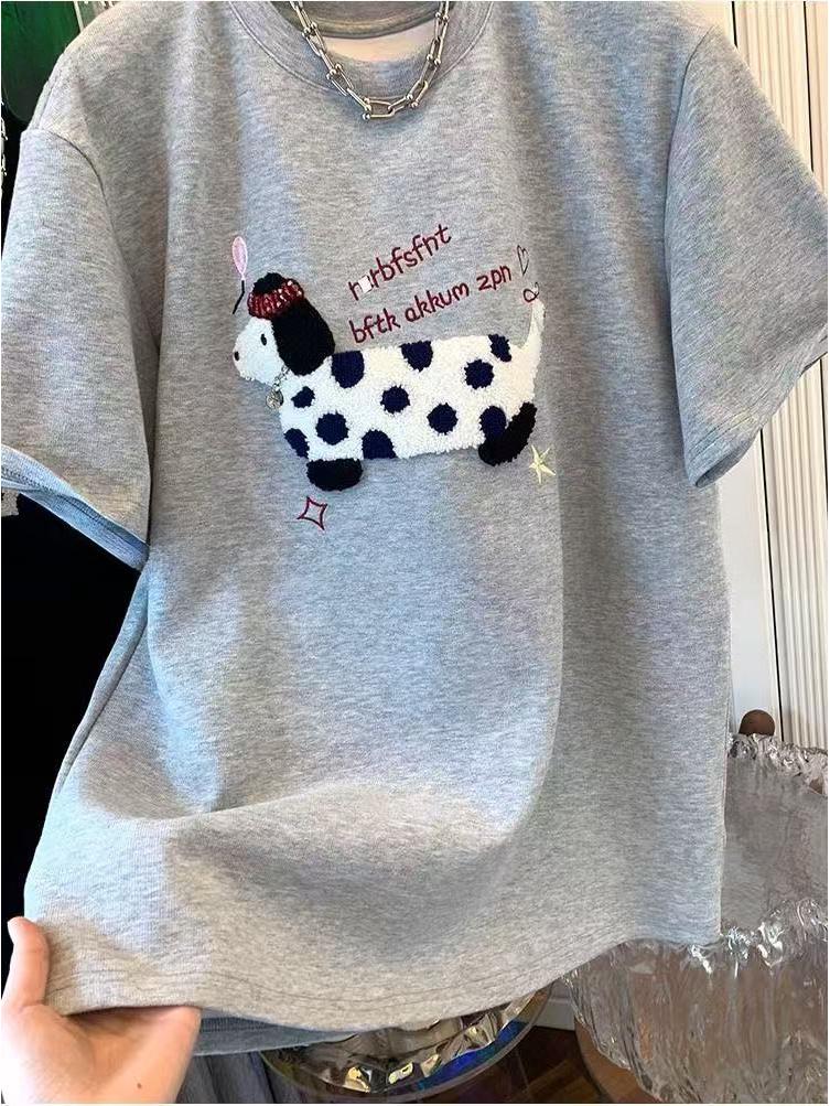 European Plus Size Embroidered Dog Thick Short Sleeve Women's T-shirt for Spring/Autumn