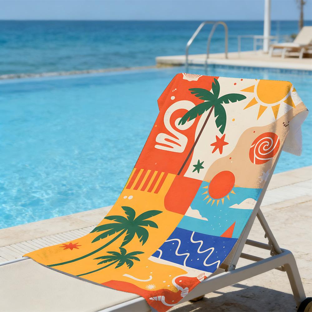 Geometric Tropical Beach Towel – Oversized Quick Dry Sand Free with Palm Tree & Sun Print for Summer