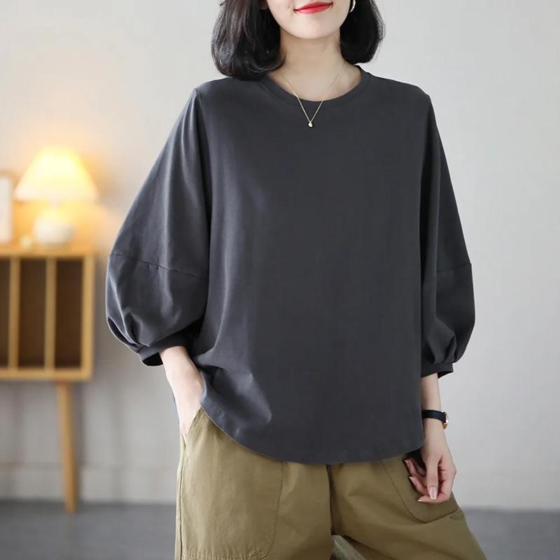 Solid Color Seven-Sleeve Retro Lantern T-Shirt for Women