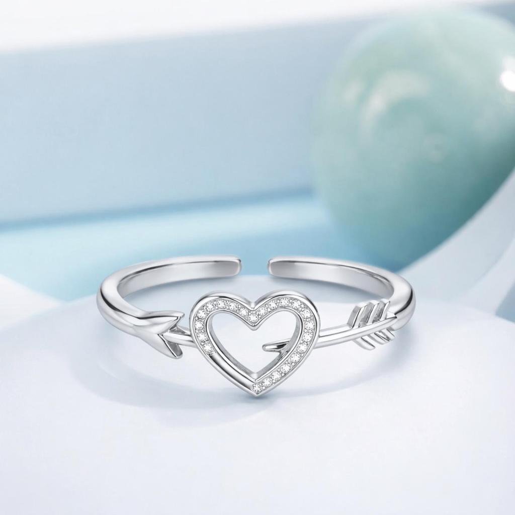 Heart Arrow Open Adjustable Ring – 925 Sterling Silver