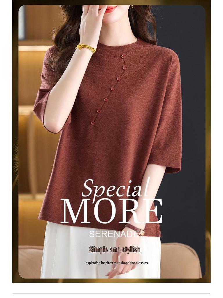 Stylish Plus Size Round Neck Knit Top for Middle-Aged Women - Mid-Sleeve Sweater