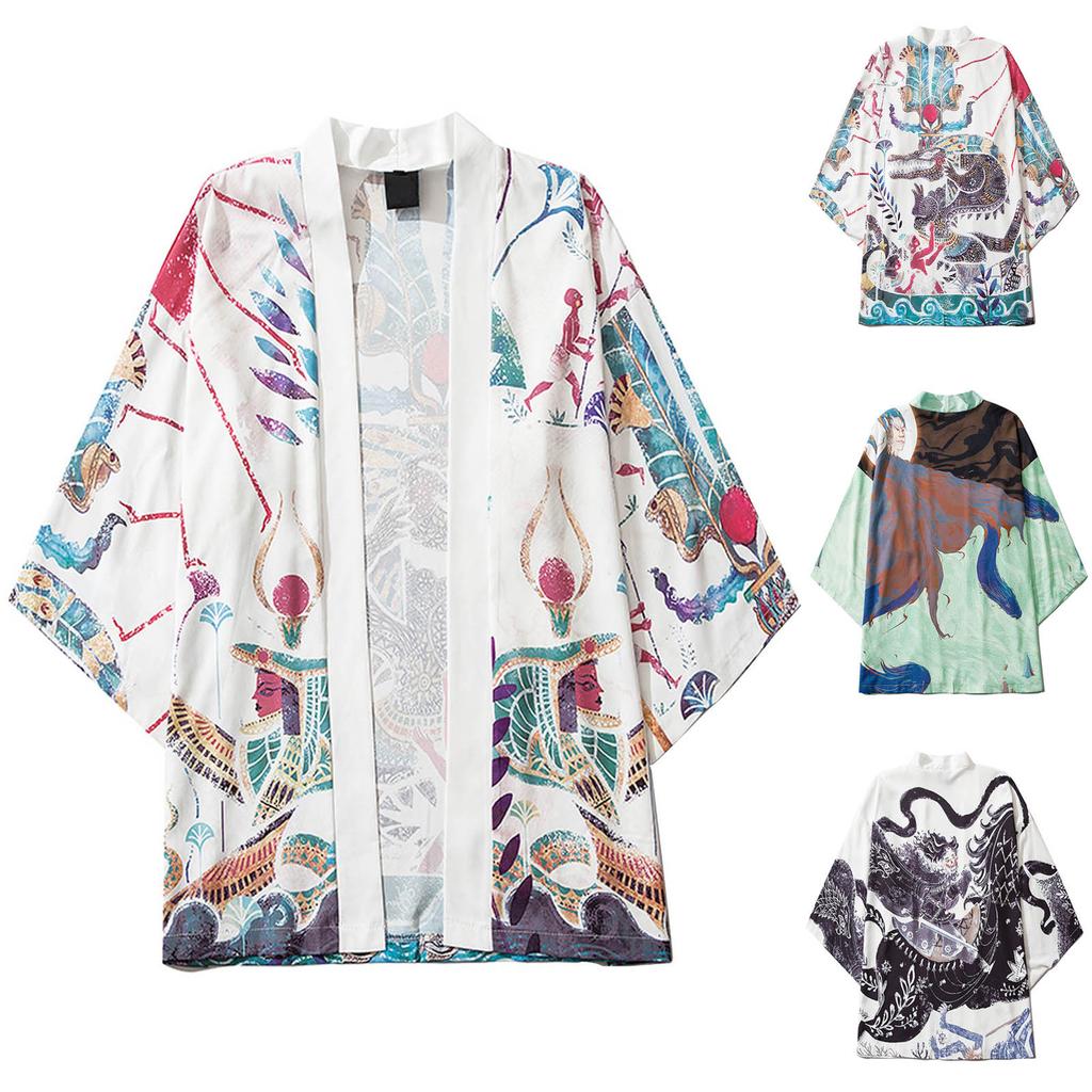 Men's Casual Loose Open Front 3/4 Sleeve Japanese Print Cover Up Cardigan