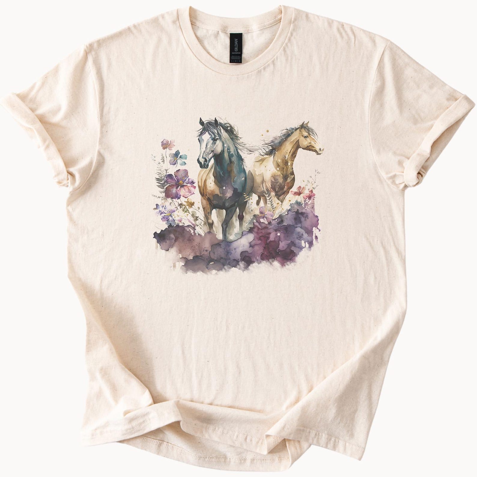 Watercolor Horses Graphic T Shirt Wild Running Horses with Floral Butterflies Artistic Nature Animal Lover Shirt Western Horse Tee 120