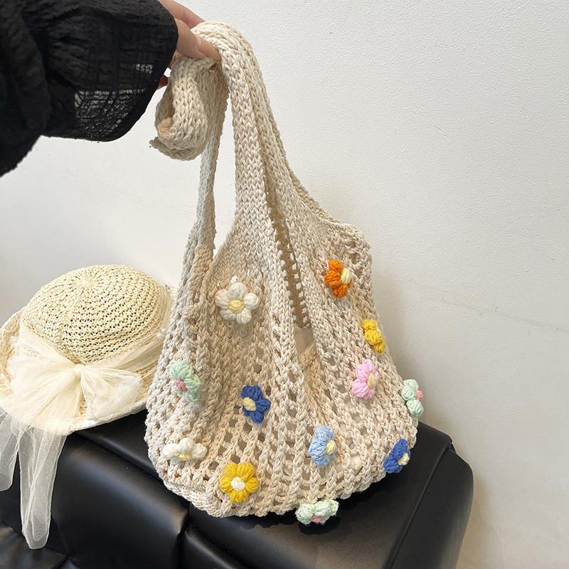 Summer Knitted Flowers Tote Bag With Woven Design For Casual Daily Use
