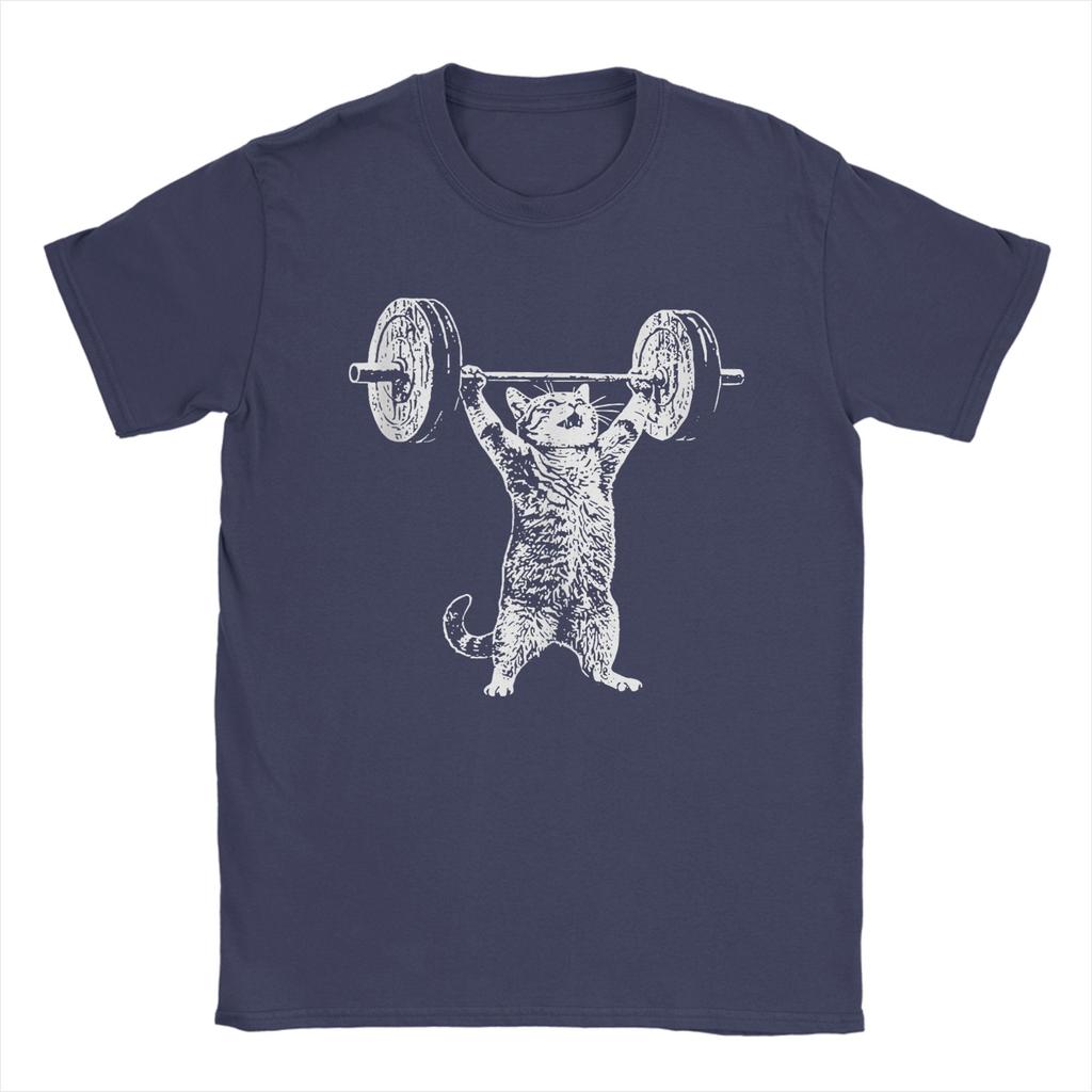 Vintage Retro Weight Lifting Gym Cat T Shirts Men Cotton Vintage TShirts Round Collar Tee Shirt Short Sleeve Clothes Plus Size