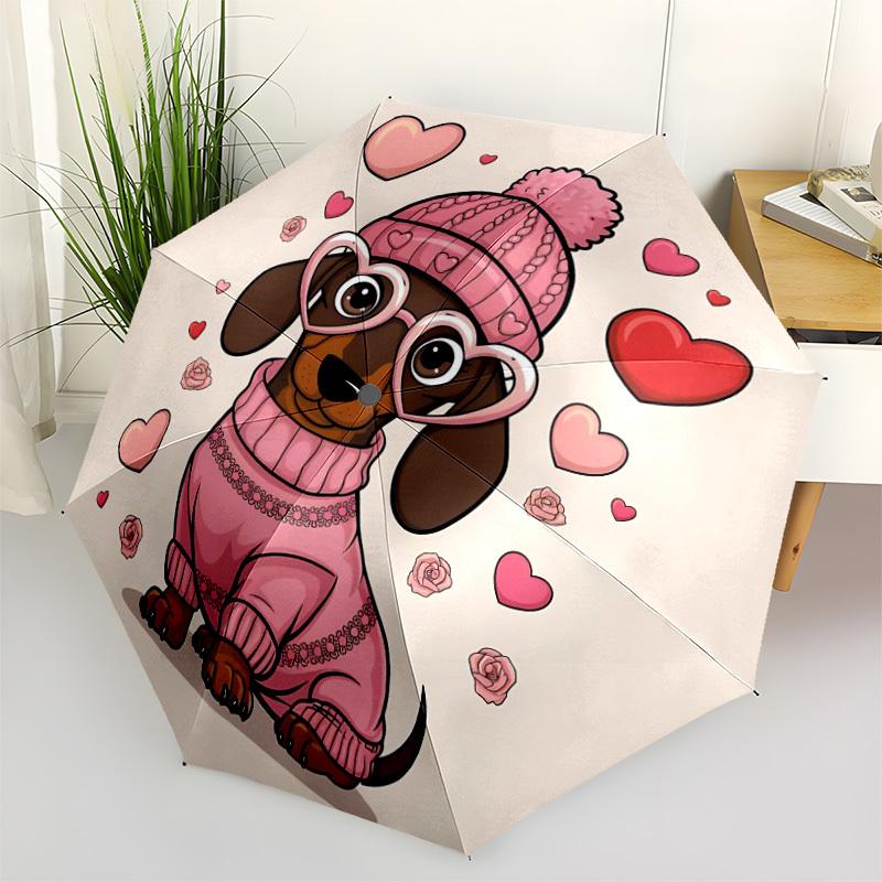 1pc Dachshund Hearts Automatic Folding Umbrella - Compact 8-Rib Design, Durable Plastic & Iron, Lightweight for Outdoor Daily Use096