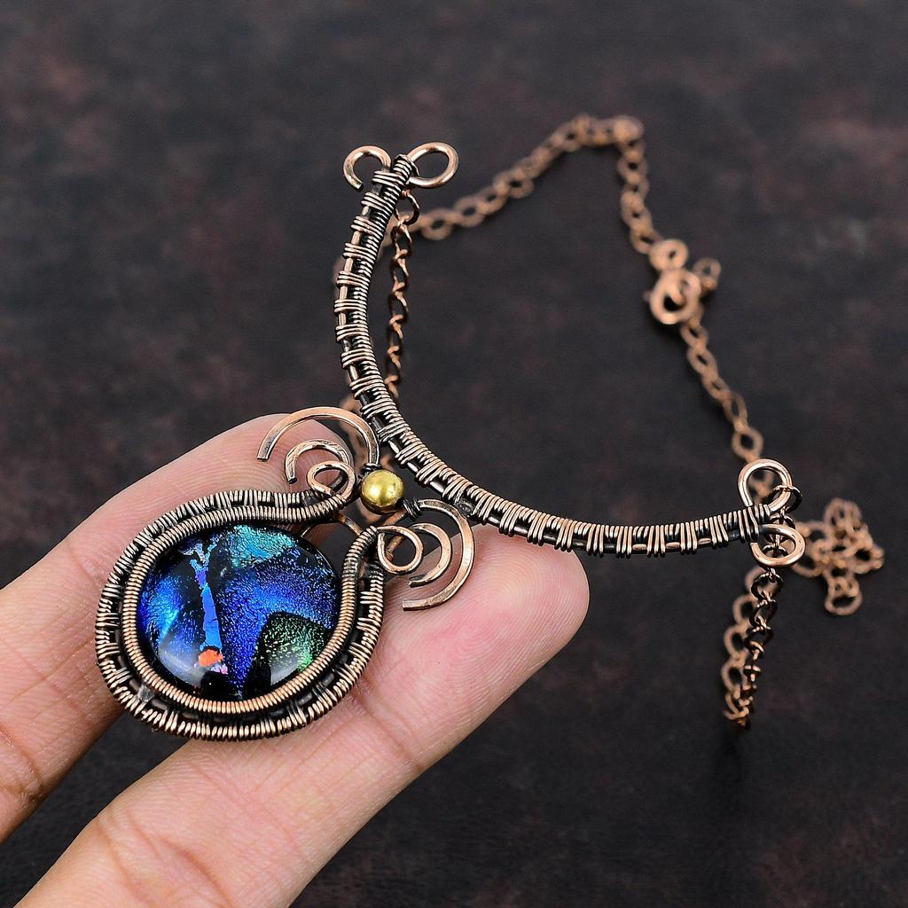 American Dichroic Glass Necklace Copper Wire Wrapped Gemstone Jewelry Adjustable Necklace Handmade Ethnic Jewelry Copper Wire Wrap Necklace