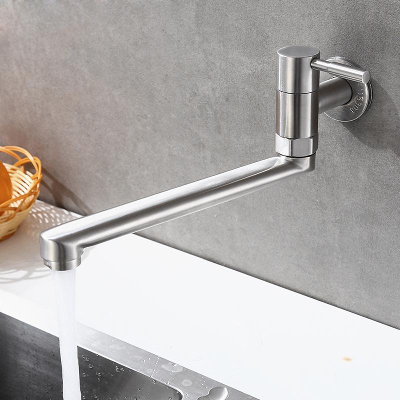 New Design 360 Degree Wall Mounted Steel Cold Tap Single Handle 304 Stainless Steel Kitchen Faucet Sink Extended Spout Mixer Tap