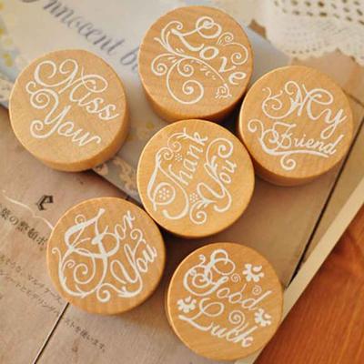 DIY Yuvarlak Şekil Tebrik Kelimeler Ahşap Lastik Mühür Stamper Çiçek Desenli Mühür