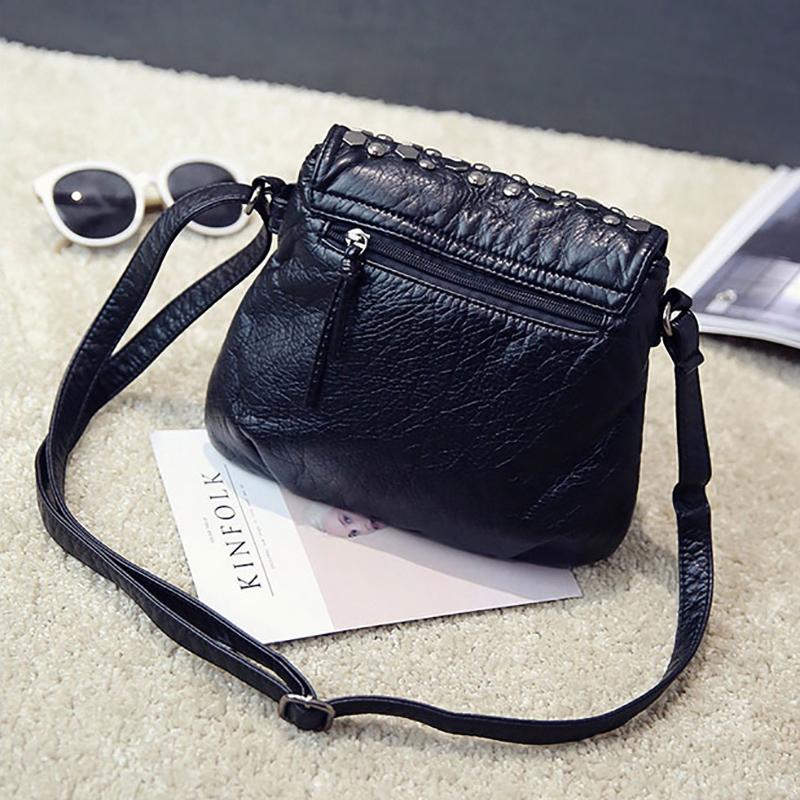 Soft Washing PU Leather Shoulder Bags for Women Black Color Rivet Handbag Crossbody Purse Female Flap Messenger Bags