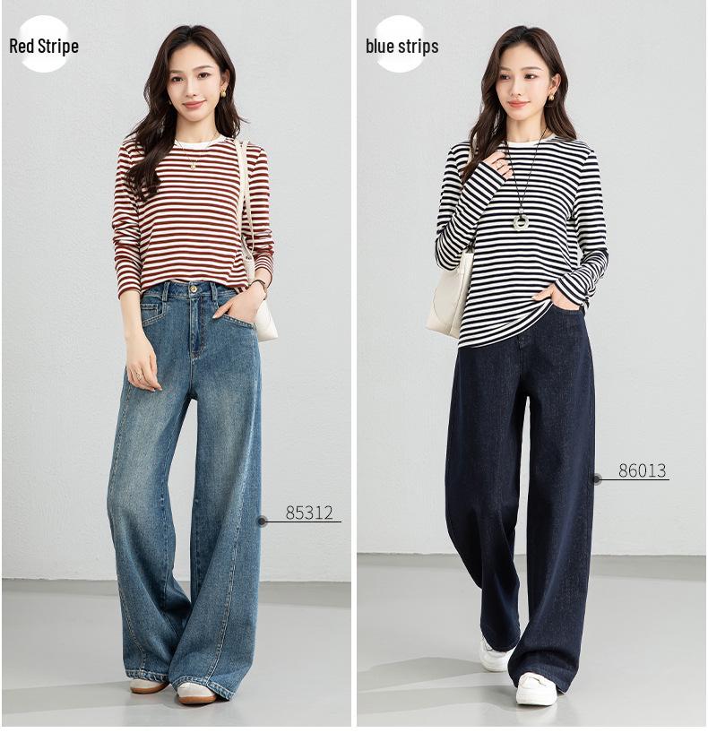 Yifei Women's Slim-Fit Long-Sleeve Striped Tencel Wool Top, 2026 Spring Collection